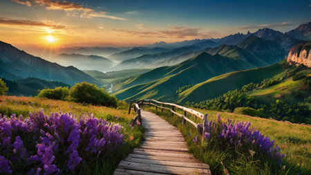 Wooden path in the mountains at sunset. Beautiful summer landscape.の写真素材