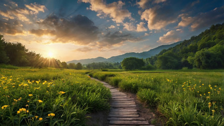 Sunset in the mountains. Landscape with grass and flowers.の写真素材