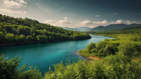 Beautiful panoramic landscape with turquoise river and green forestの写真素材