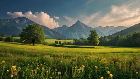 panoramic view of meadow and mountains at sunset. Bavaria, Germanyの写真素材