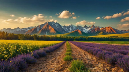 Beautiful summer landscape with blooming lavender field and snowy mountainsの写真素材