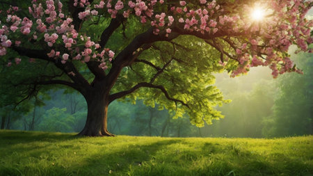 Beautiful spring landscape with blooming tree and green meadow.