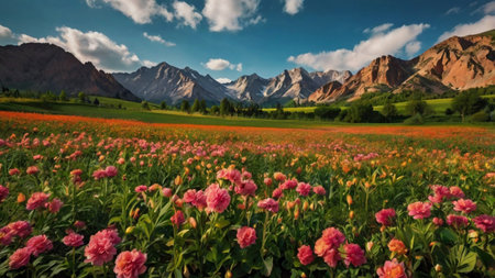 panoramic view of beautiful meadow with blooming poppiesの写真素材