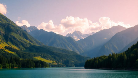 Panoramic view of alpine lake and mountains at sunset.の写真素材