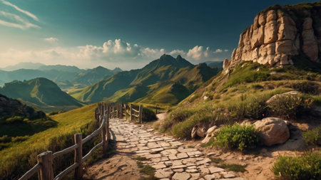 Mountain panorama with a wooden fence and a path in the foregroundの写真素材