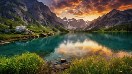 Beautiful alpine lake in the mountains at sunset. Composition of nature.