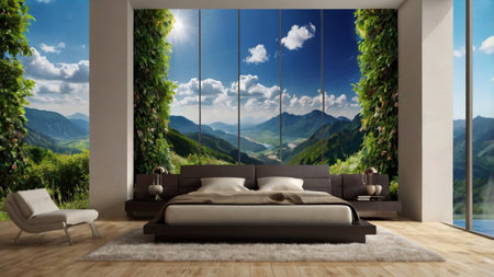 Modern bedroom interior design with mountain view, 3d rendering picture.