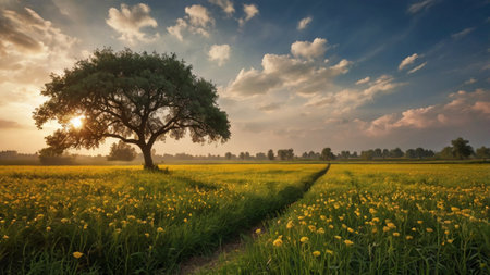 Sunset over a meadow with yellow dandelions and a tree