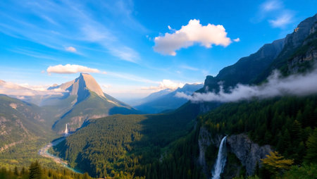 Swiss Alps mountain landscape with waterfall and clouds at sunrise, Switzerland