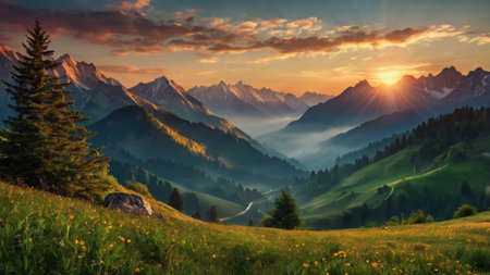 Sunset in the mountains. Sunrise in the mountains. Mountain landscape.の写真素材