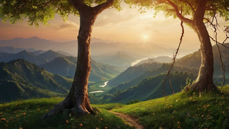 Sunset in the mountains. Landscape with green grass and treesの写真素材