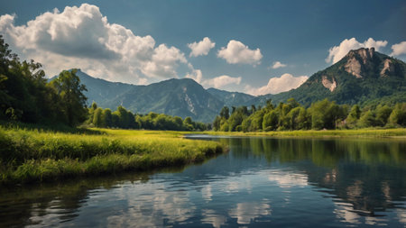 Mountains and river in the summer. Landscape with mountains and river