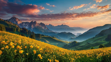 Sunset over alpine meadow with yellow flowers in Dolomites, Italy
