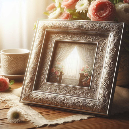Vintage photo frame with window and flowers on wooden table. Toned imageの写真素材
