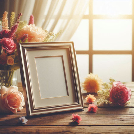 Photo frame mockup with flowers on wooden table. vintage filtered imageの写真素材