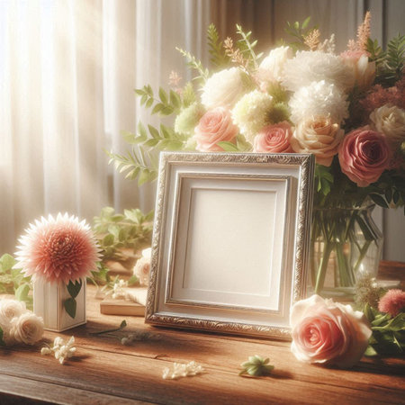 Blank photo frame with flowers on wooden table. Mockup for design