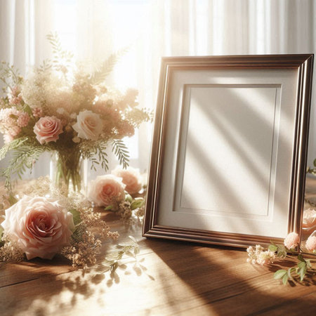 Blank photo frame and flowers on wooden table with sunlight. Mock up