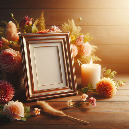 Photo frame with dry flowers and candle on wooden background.の写真素材