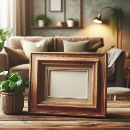 Wooden photo frame on table in living room. Mockup for designの写真素材