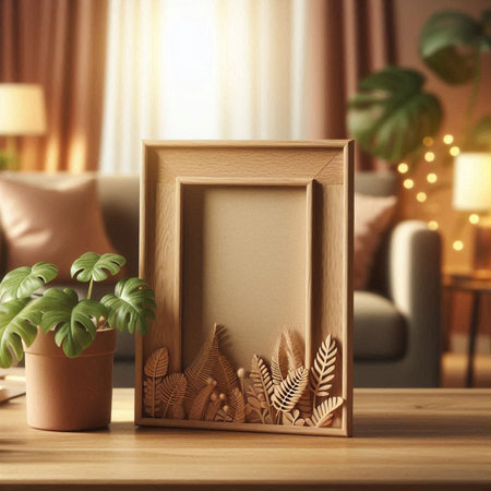 Wooden photo frame on table in room. Mockup for designの写真素材