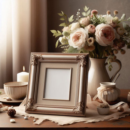 Vintage photo frame with beautiful flowers on table in room, space for text