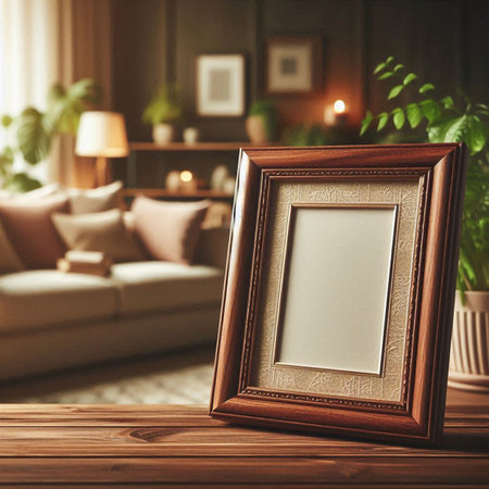 Empty picture frame on wooden table in living room. Mockup for design