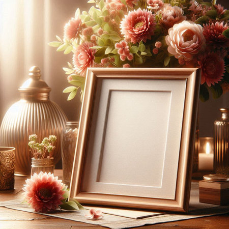 Blank photo frame on wooden table with flowers in vase.