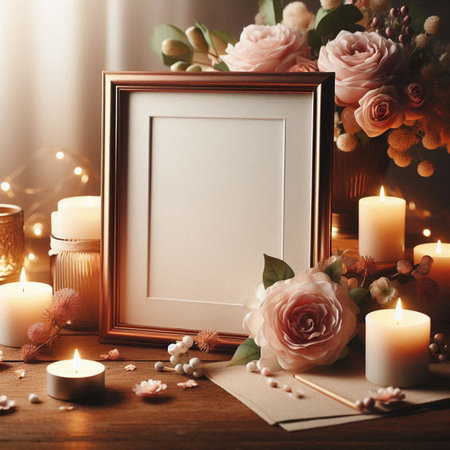 Photo frame mockup with flowers, candles and petals on wooden tableの写真素材