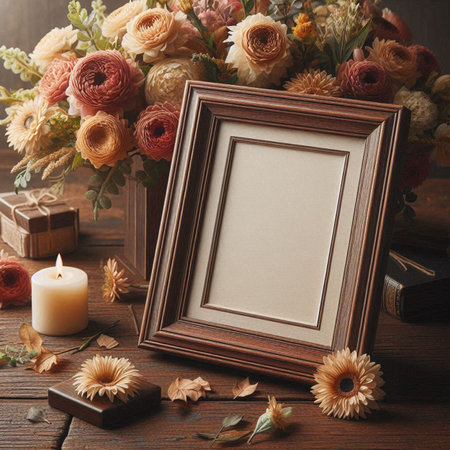Wooden photo frame with dried flowers and candles on rustic wooden backgroundの写真素材