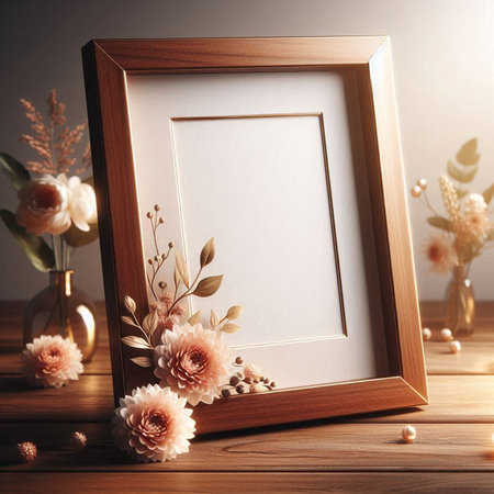 Photo frame mockup with dried flowers on wooden table. 3d rendering