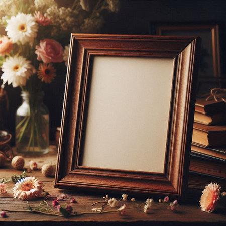 Wooden photo frame on the table with vase of flowers.の写真素材