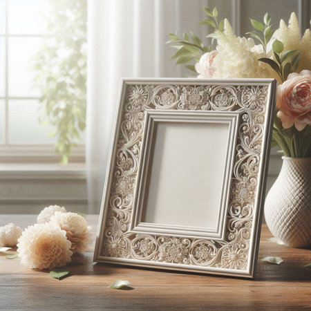 Vintage photo frame on wooden table in room. Mock up, 3D Rendering
