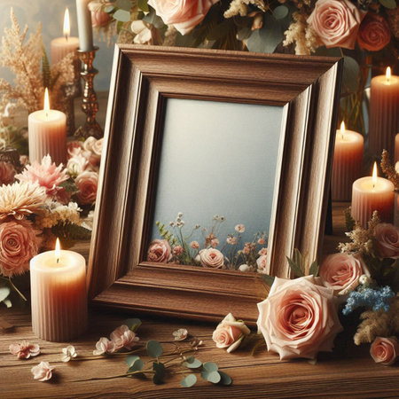 Vintage photo frame with flowers and candles on wooden background. Mock up
