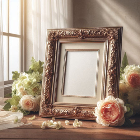 Vintage photo frame and flowers on wooden table. Mock up, 3D Rendering