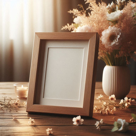 Blank photo frame with flowers in vase on wooden table. Mock upの写真素材
