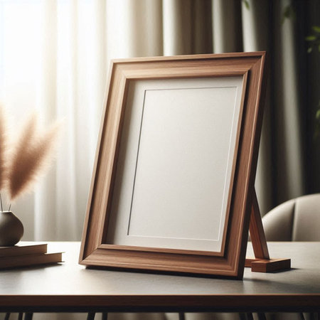 Blank picture frame mockup on wooden table. 3d renderの写真素材