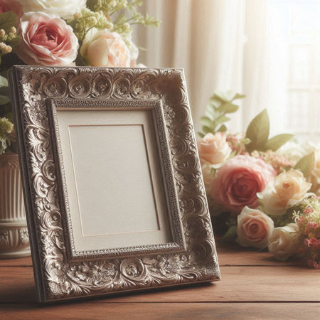 Vintage photo frame and flowers on wooden table, vintage style.の写真素材