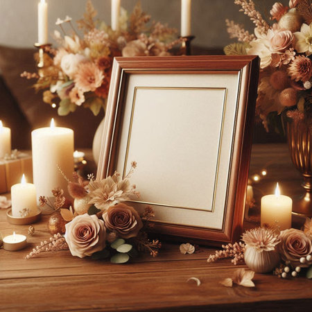 Blank photo frame, candles and flowers on wooden table. Mockup for design