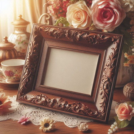Vintage wooden photo frame with flowers on the table. Mock upの写真素材
