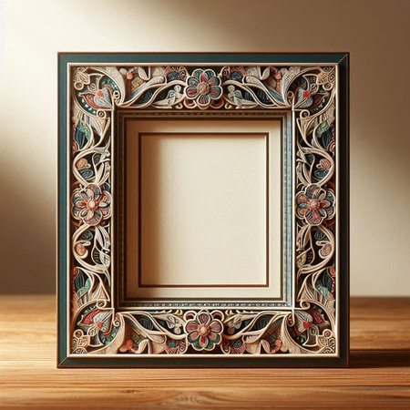 Vintage photo frame on the wooden table. 3d render.の写真素材
