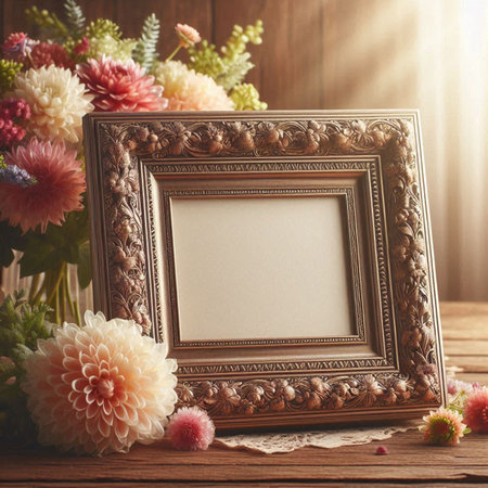Photo frame with dahlias on wooden background. Vintage style.の写真素材