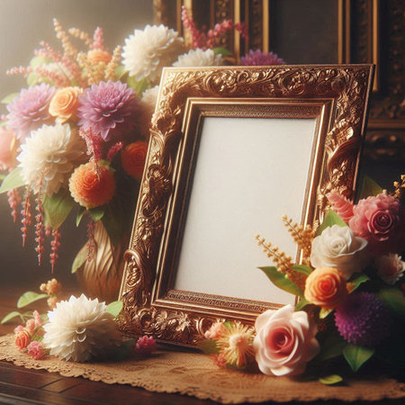 Vintage photo frame with flowers on the table. Vintage style.の写真素材