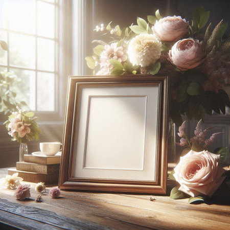 Blank photo frame mockup with flowers on a wooden table.