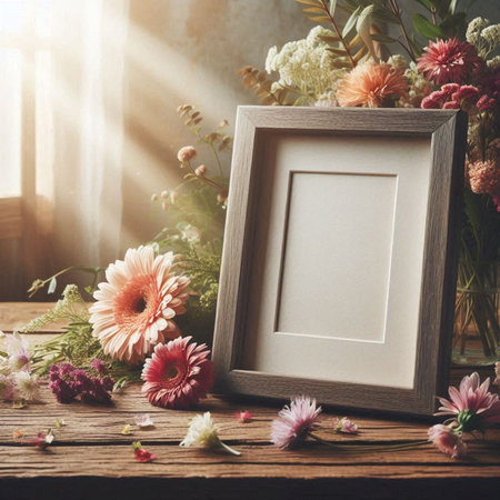 Blank photo frame and bouquet of flowers on wooden table.