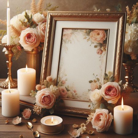 Vintage photo frame, burning candles and flowers on wooden background.の写真素材