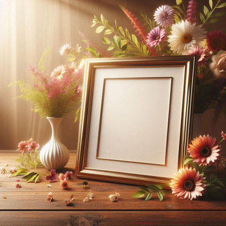Photo frame mockup with beautiful flowers in vase on wooden table