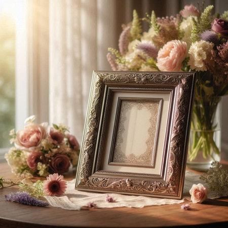 Vintage photo frame with flowers on a wooden table in the roomの写真素材