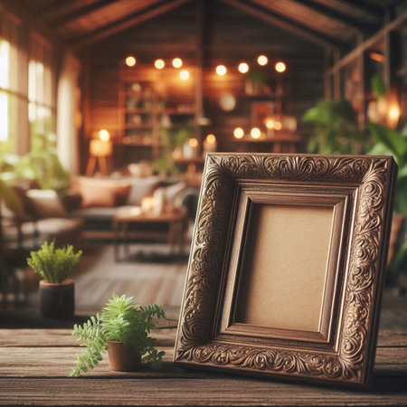 Vintage photo frame on wooden table in cafe. Mockup for designの写真素材