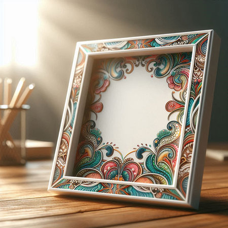 Photo frame with floral pattern on wooden table. Mockup for designの写真素材