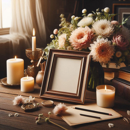 Blank photo frame, candles, flowers and books on wooden table